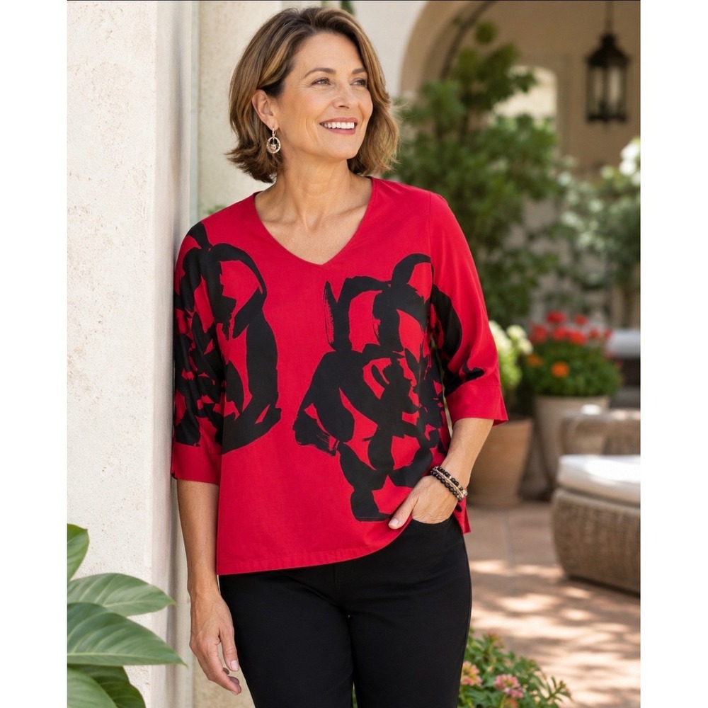 Chicos Red Black Abstract Floral V-Neck Blouse 3/4 Sleeve Elastic Hem Top Size 0